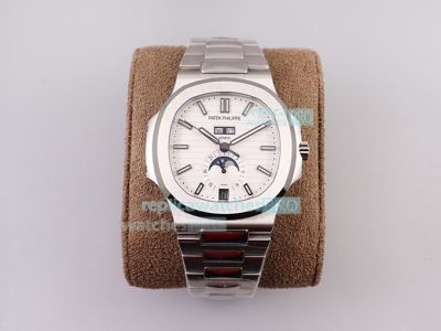 Clone Swiss Patek Philippe Nautilus 57261A Moonphase Watch Stainless Steel White Dial